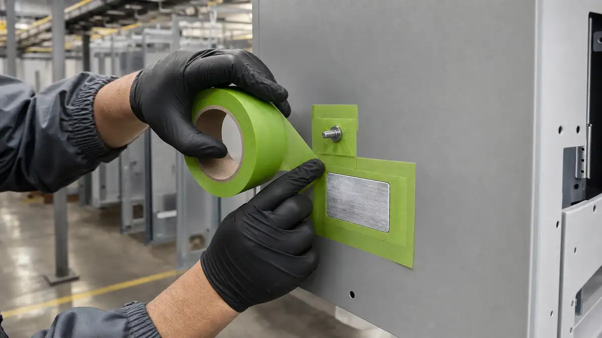 Technician applying green PET silicone tape around a grounding stud and bare contact pad on a steel control cabinet before powder coating